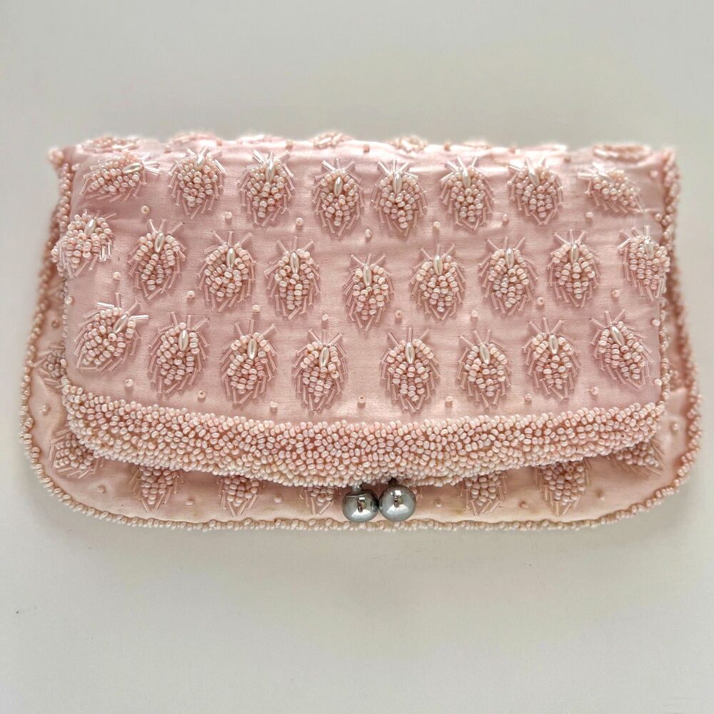 Vintage MCM Victorian-Style Blush Pink Beaded Fold-Over Kiss Lock Clutch Bag